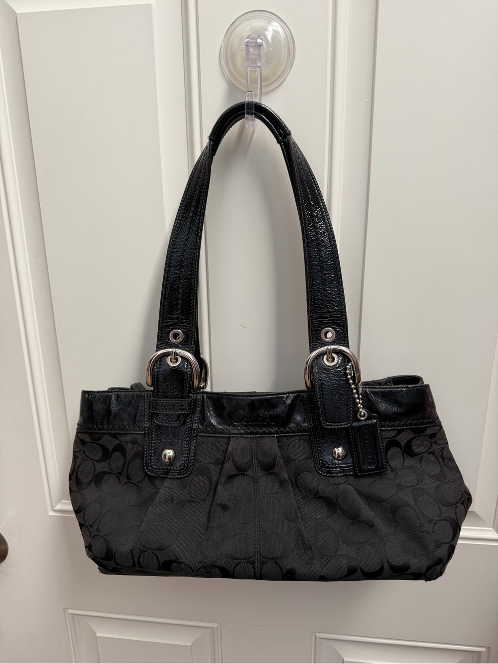 Coach Black Signature Shoulder Bag with Leather Trim and Silver Hardware